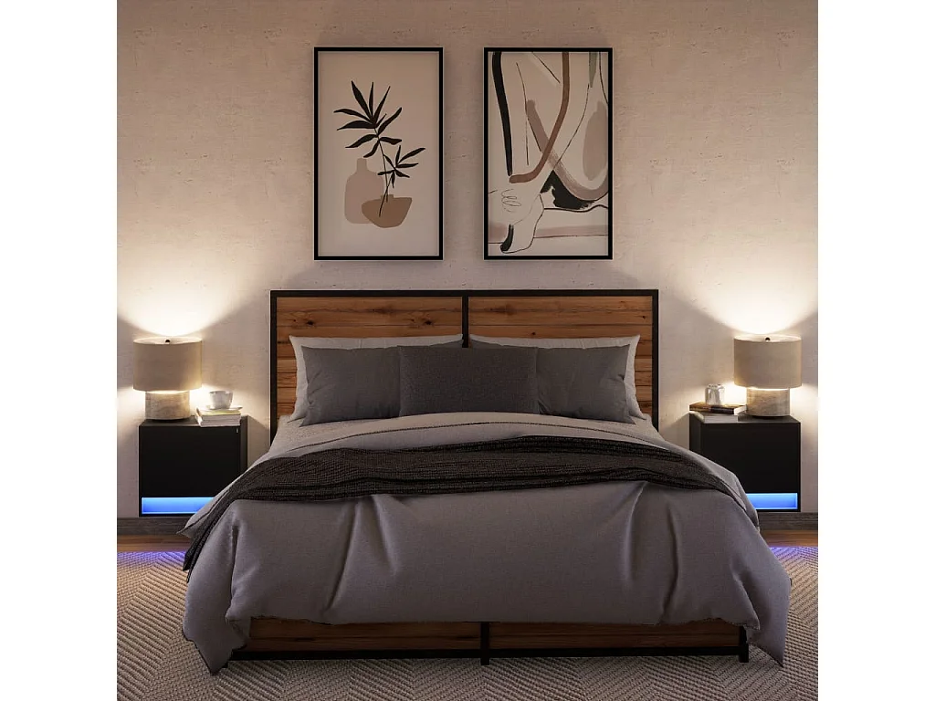 Mesas de cabeceira de parede com luzes LED 2 pcs preto