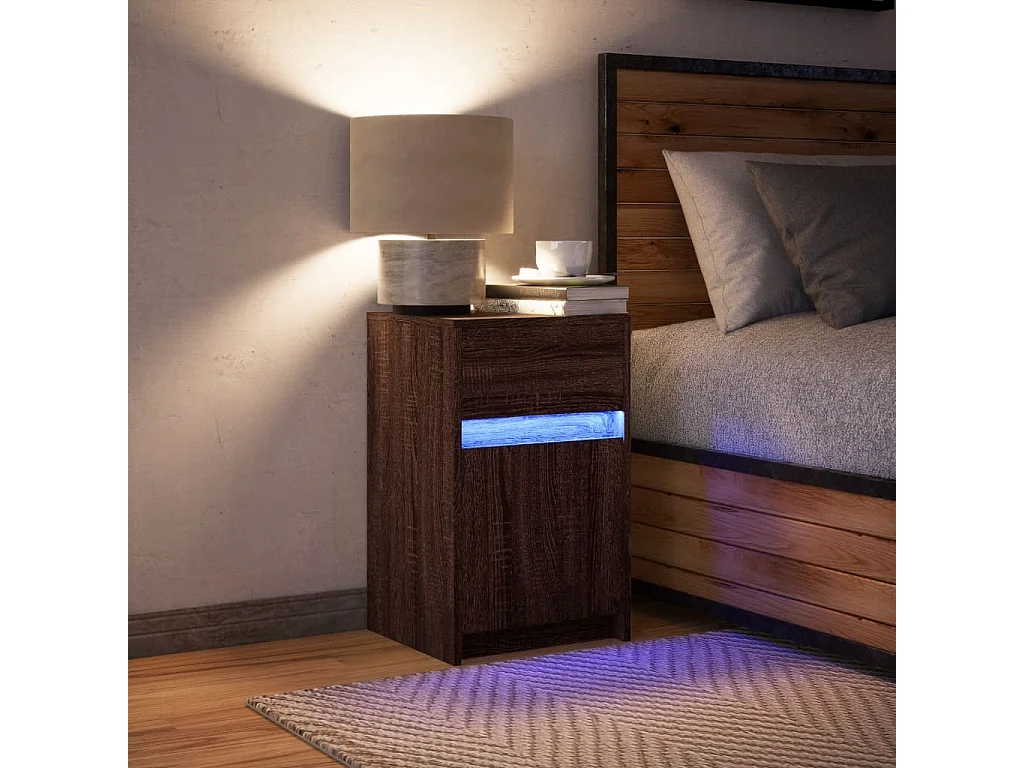 Armoire de chevet et lumières LED chêne marron bois ingénierie