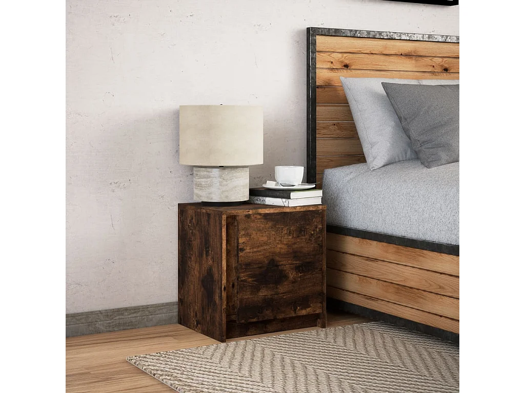 Armoire de chevet et lumières LED chêne fumé bois d'ingénierie