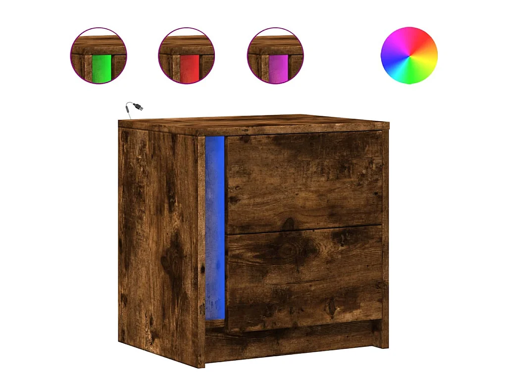 Armoire de chevet et lumières LED chêne fumé bois d'ingénierie