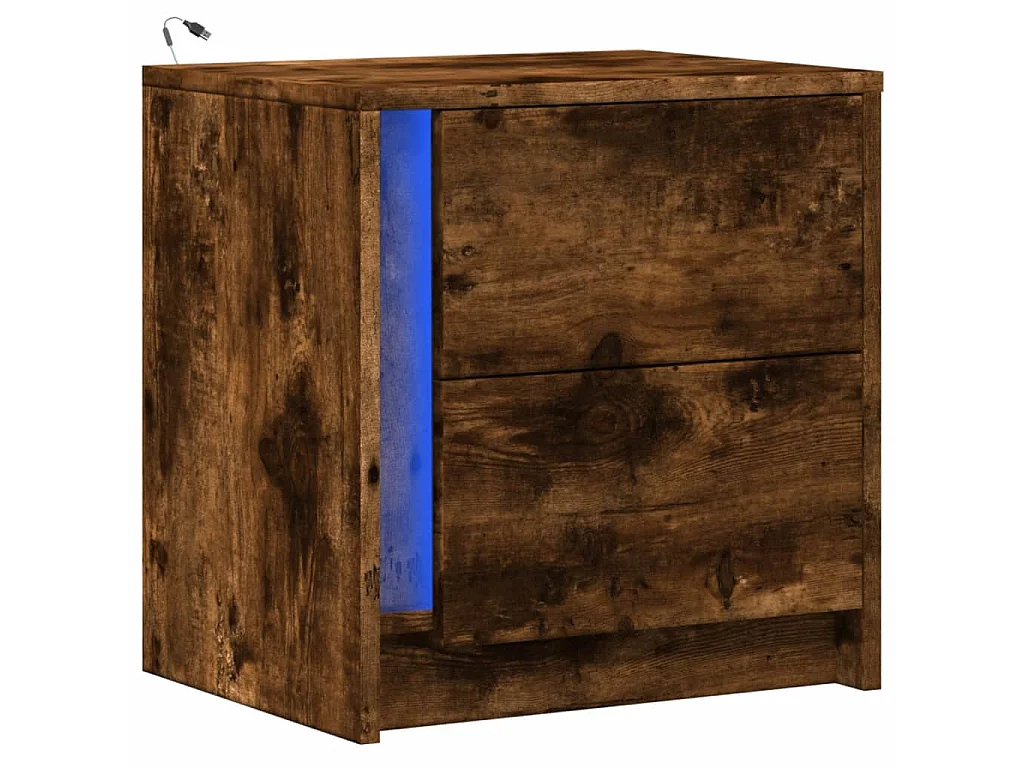 Armoire de chevet et lumières LED chêne fumé bois d'ingénierie