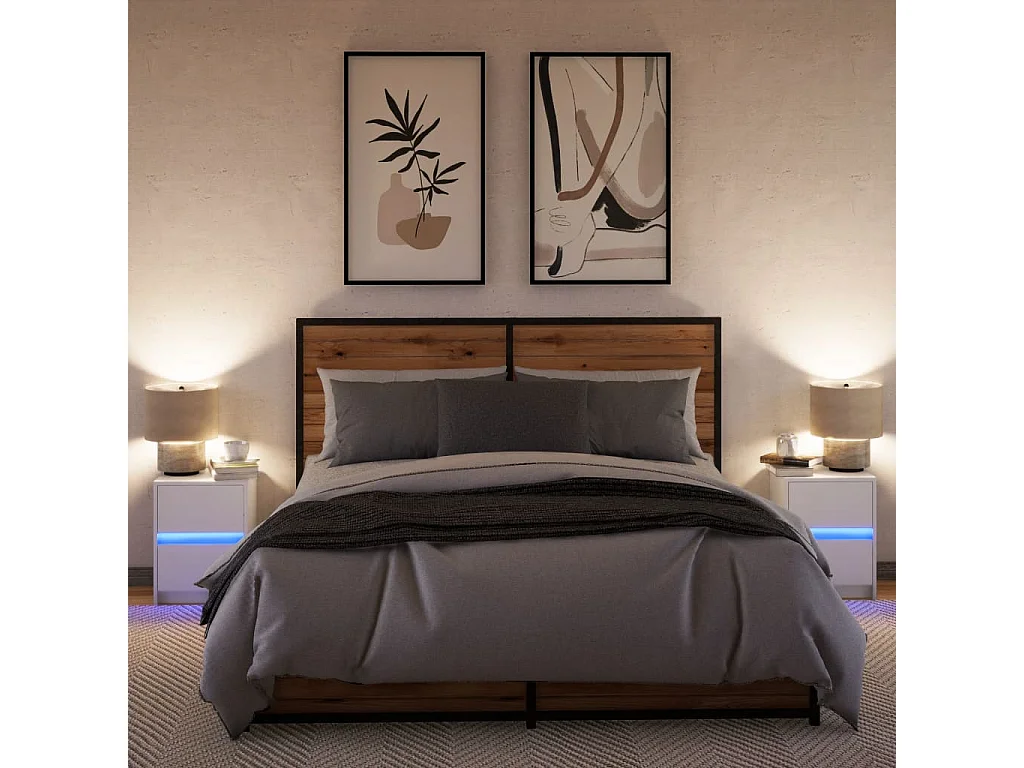Armoires de chevet et lumières LED 2pcs blanc bois d'ingénierie