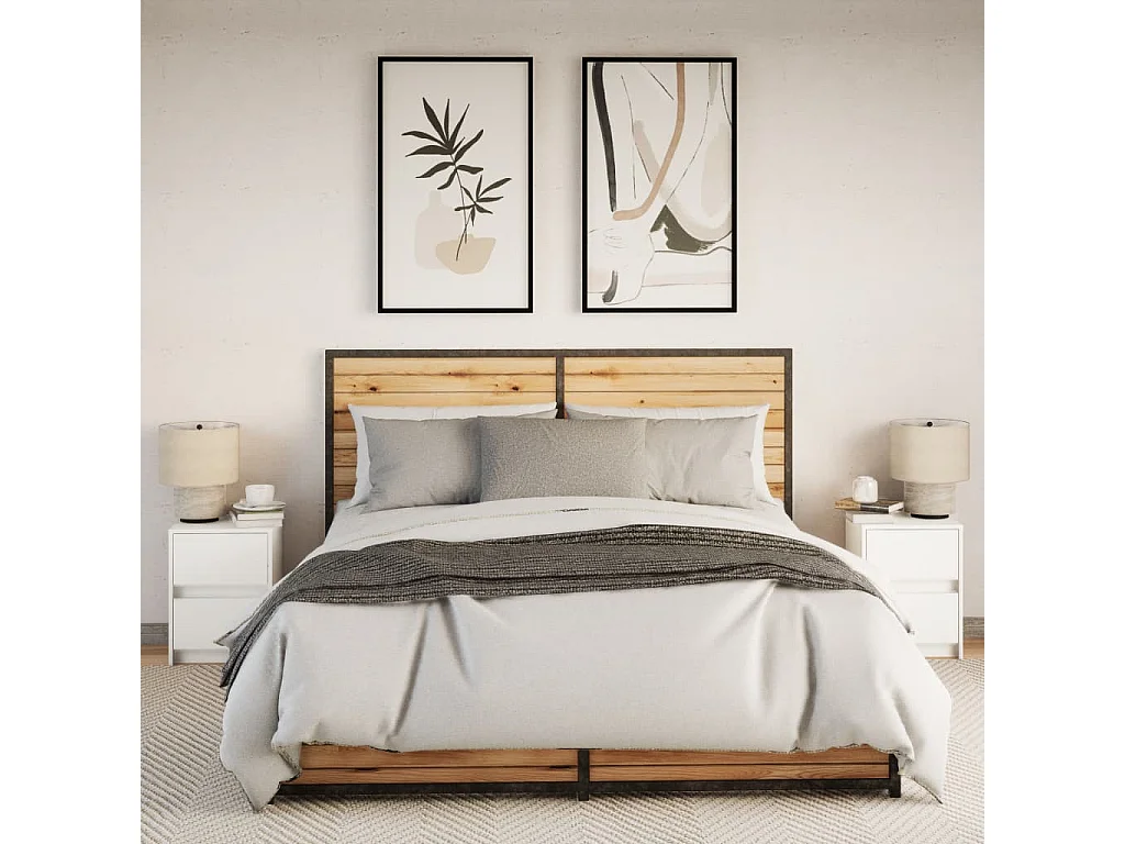 Armoires de chevet et lumières LED 2pcs blanc bois d'ingénierie