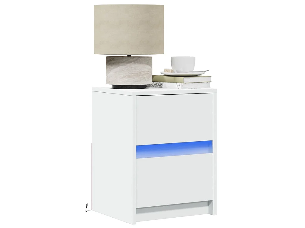 Zestaw 2 Białych Szafek Nocnych z Drewna Inżynieryjnego z Szufladami i Personalizowanymi Światłami LED RGB