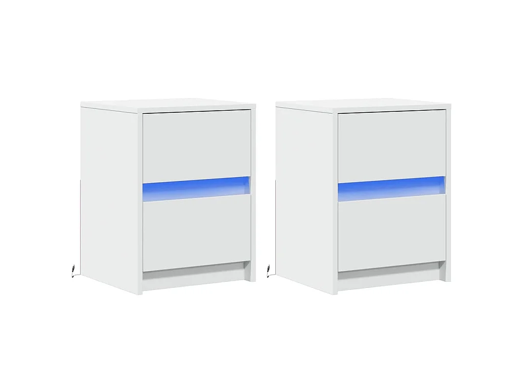 Zestaw 2 Białych Szafek Nocnych z Drewna Inżynieryjnego z Szufladami i Personalizowanymi Światłami LED RGB
