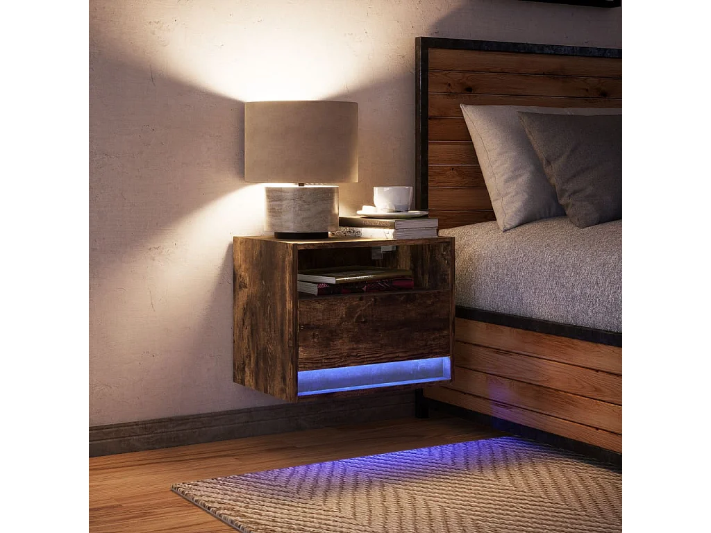 Table de chevet murale avec lumières LED chêne fumé