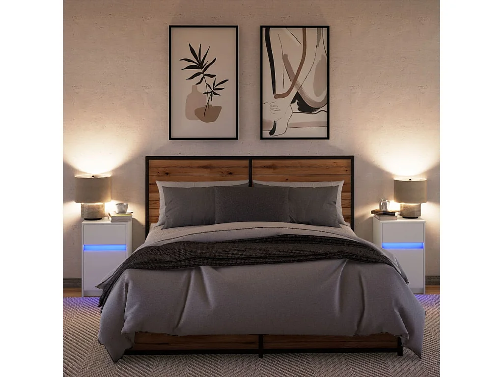 Armoires de chevet et lumières LED 2pcs blanc bois d'ingénierie