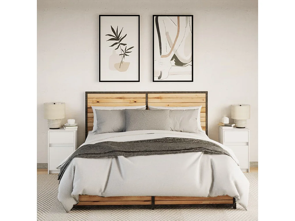 Armoires de chevet et lumières LED 2pcs blanc bois d'ingénierie