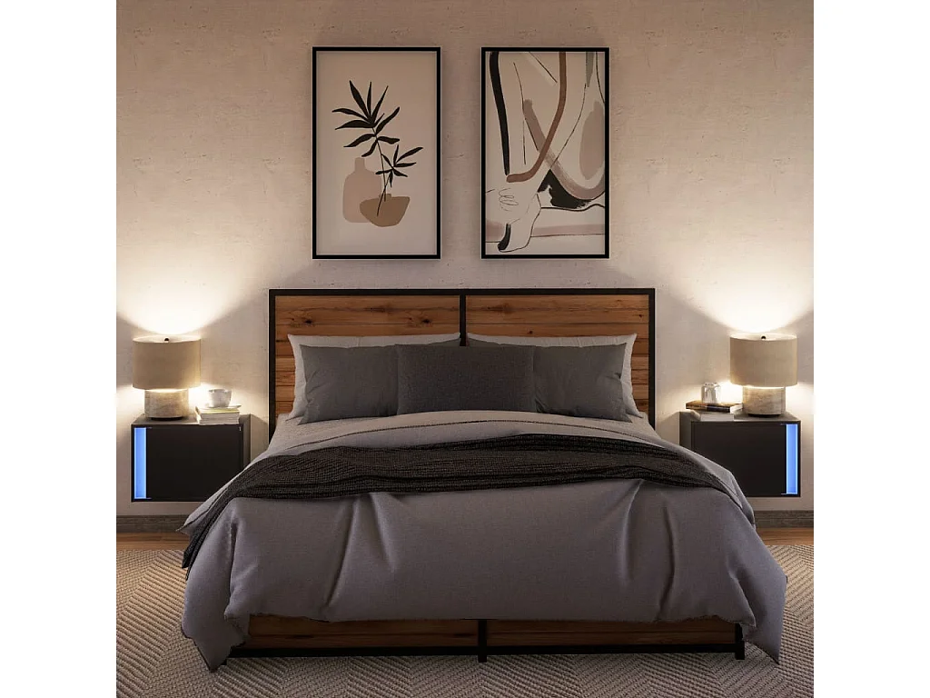 Tables de chevet murales avec lumières LED 2 pcs noir