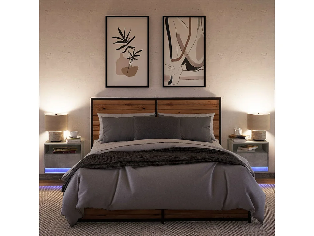 Mesas de cabeceira de parede c/ luzes LED 2pcs cinzento cimento