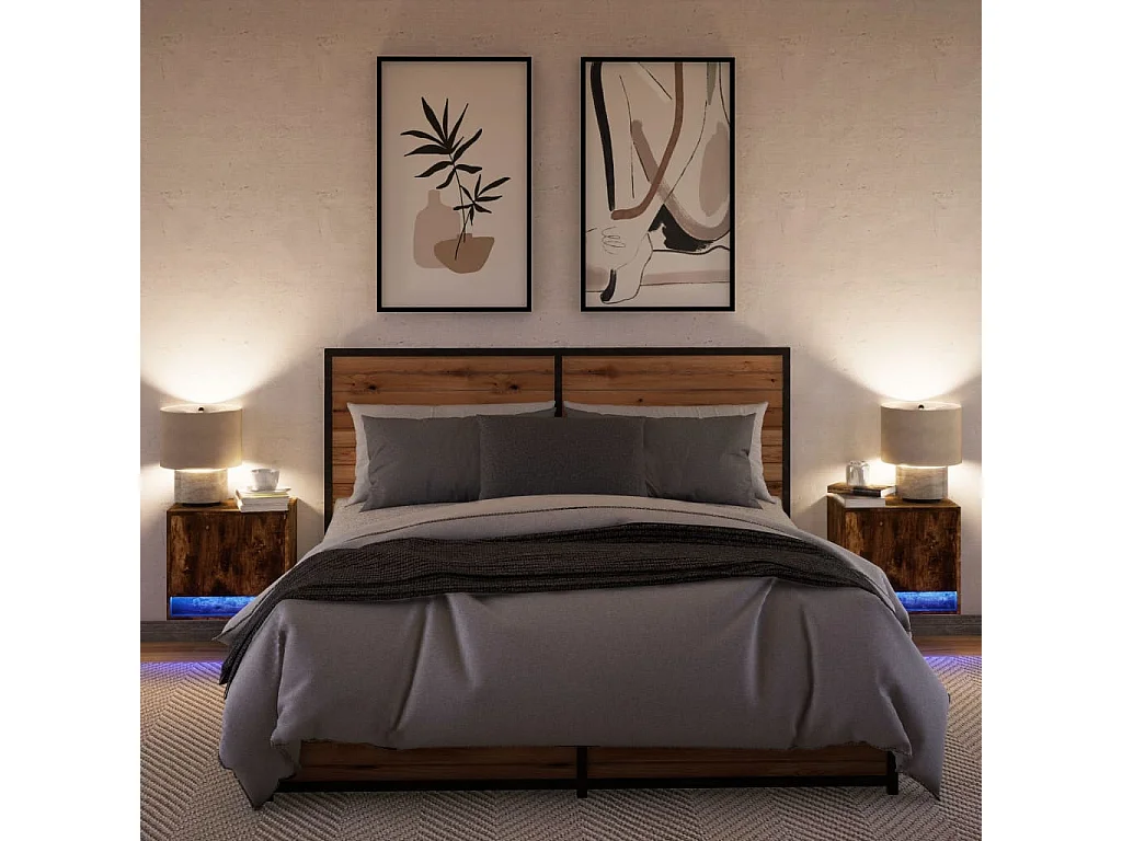 Tables de chevet murales avec lumières LED 2 pcs chêne fumé