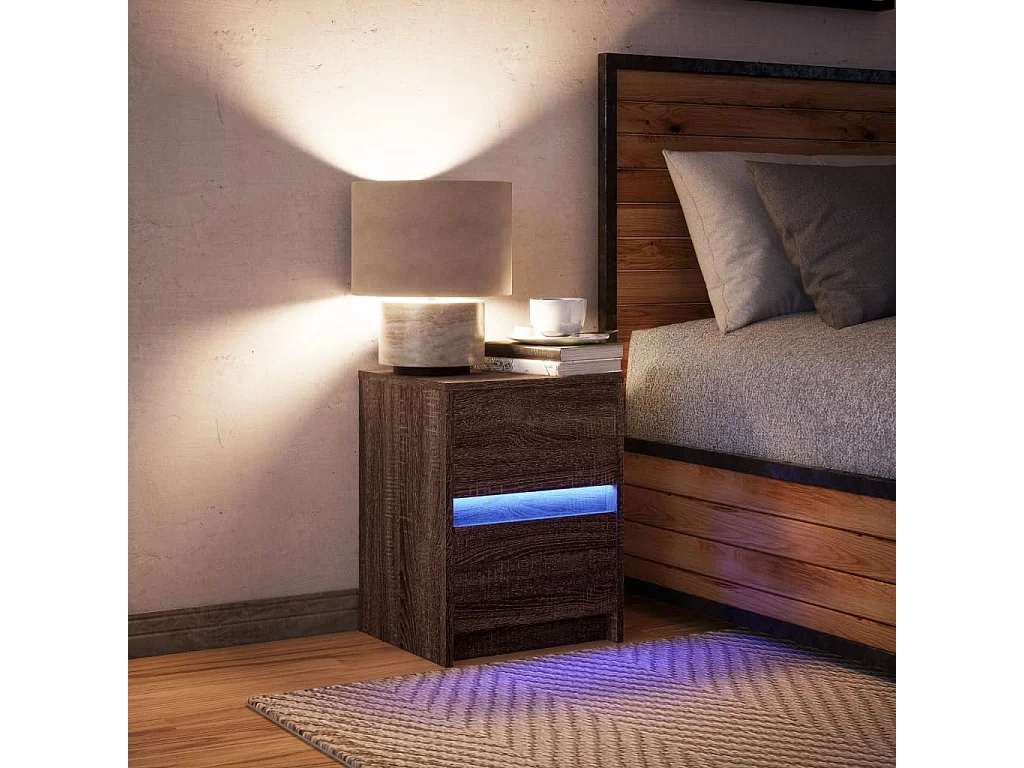 Armoire de chevet et lumières LED chêne marron bois ingénierie