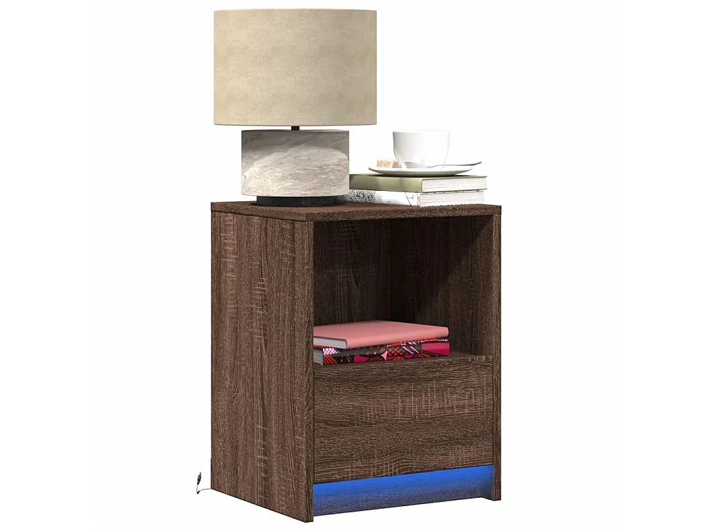 Armoires de chevet et lumières LED 2 pcs chêne marron