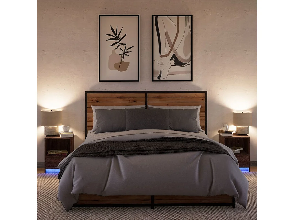 Armoires de chevet et lumières LED 2 pcs chêne marron