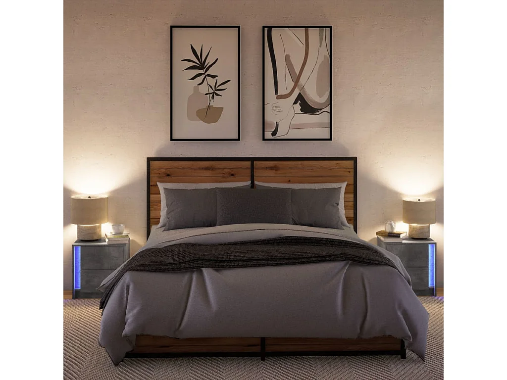 Armoires de chevet et lumières LED 2 pcs gris béton