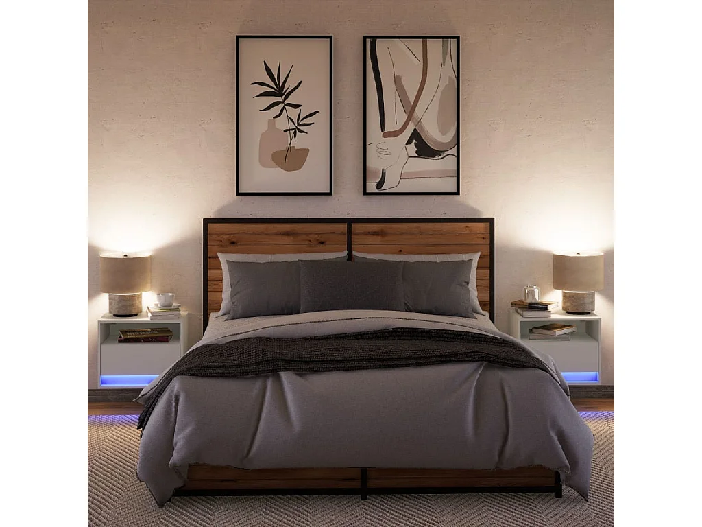 Tables de chevet murales avec lumières LED 2 pcs blanc