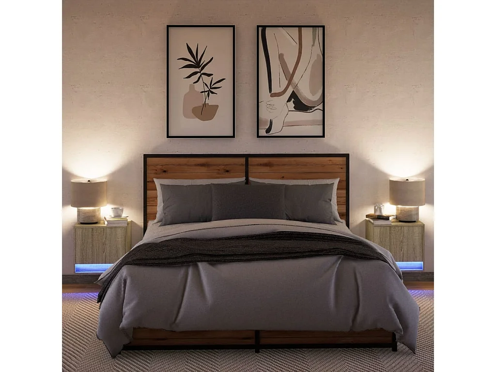 Tables de chevet murales avec lumières LED 2 pcs chêne sonoma