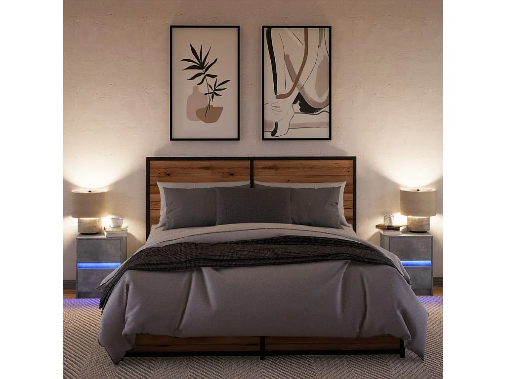 Mesas cabeceira c/ LEDs 2 pcs derivados madeira cinza cimento
