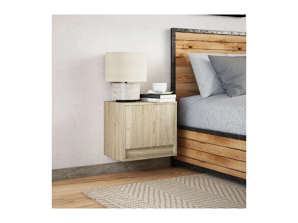 Mesita de noche de pared con luces LED roble Sonoma