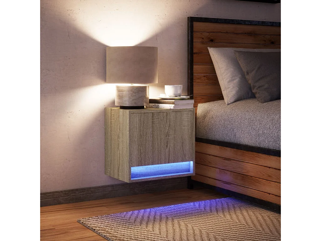 Mesita de noche de pared con luces LED roble Sonoma