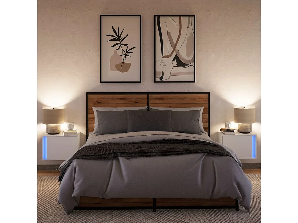 Comodini a Parete con Luci LED 2 pz Bianchi