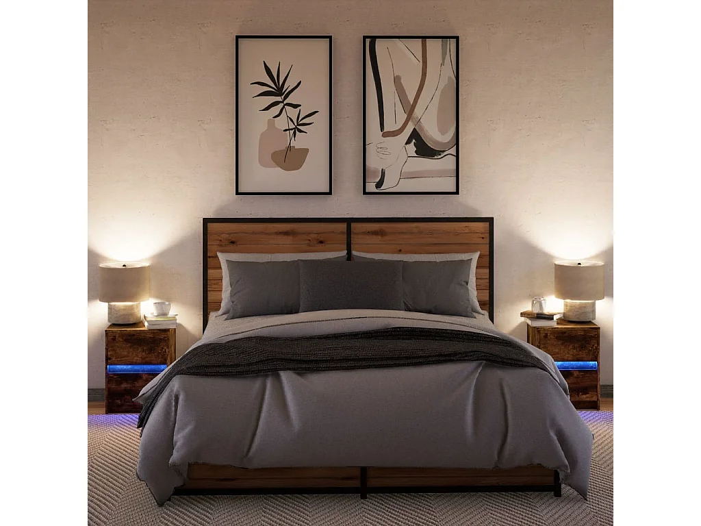Armoires de chevet et lumières LED 2 pcs chêne fumé