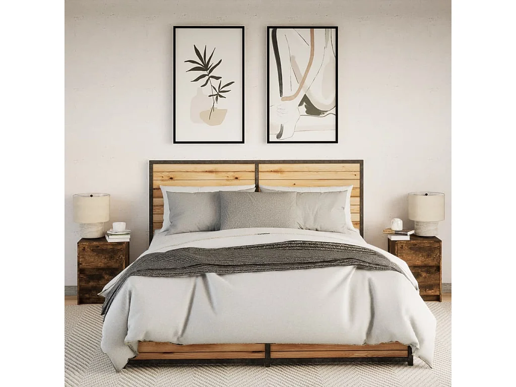 Armoires de chevet et lumières LED 2 pcs chêne fumé