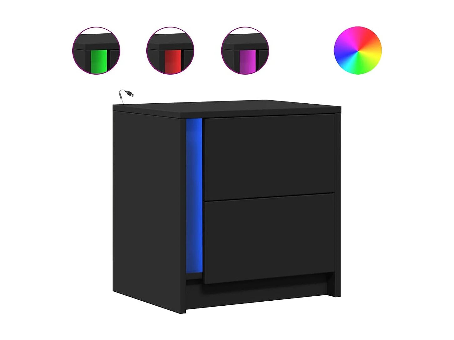 Armoires de chevet et lumières LED 2 pcs noir bois d'ingénierie