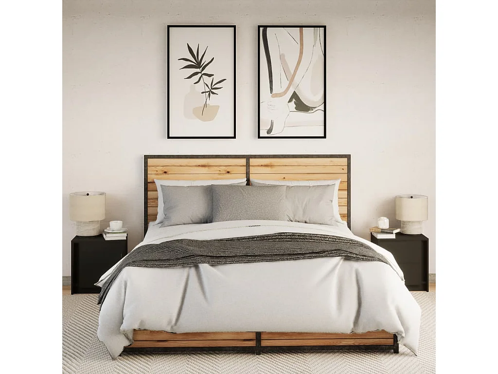 Armoires de chevet et lumières LED 2 pcs noir bois d'ingénierie