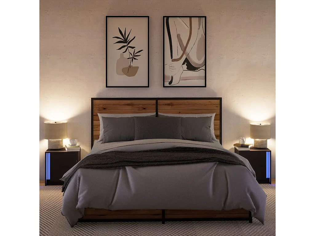 Armoires de chevet et lumières LED 2 pcs noir bois d'ingénierie