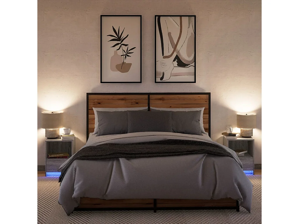Armoires de chevet et lumières LED 2 pcs sonoma gris