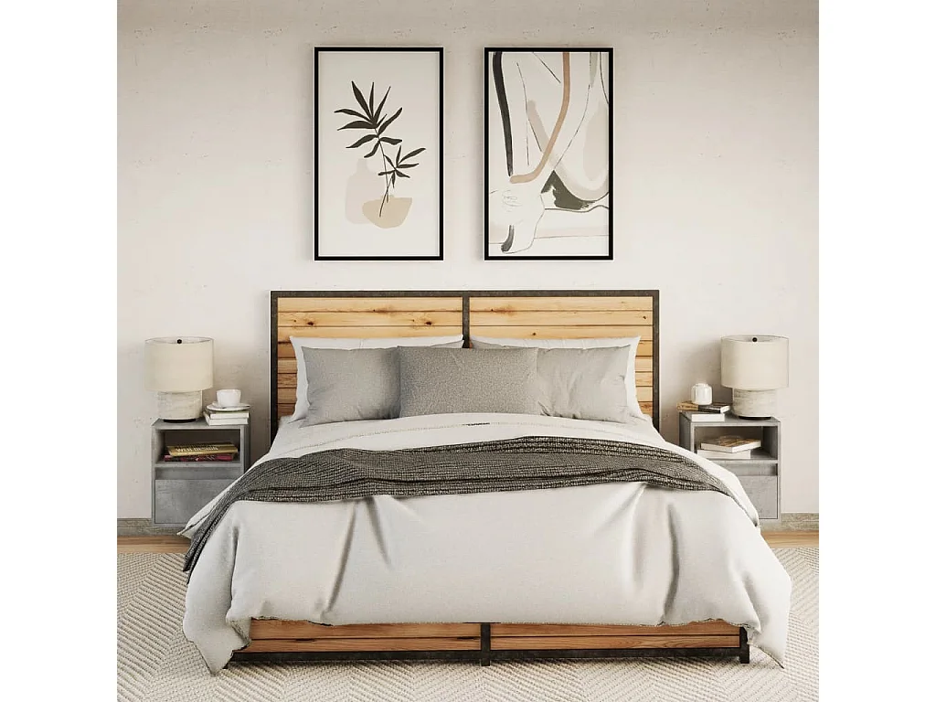 Wand-Nachttische mit LED-Leuchten 2 Stk. Betongrau