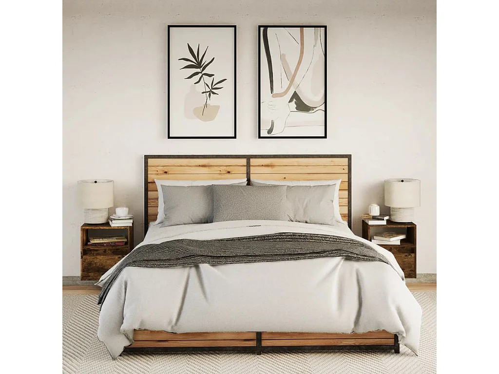 Mesitas de noche de pared con luces LED 2 uds roble ahumado