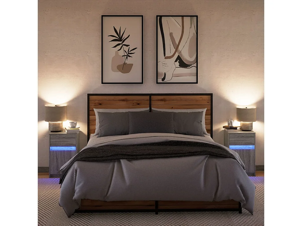 Comodini con Luci LED 2pz Grigio Sonoma in Legno Multistrato