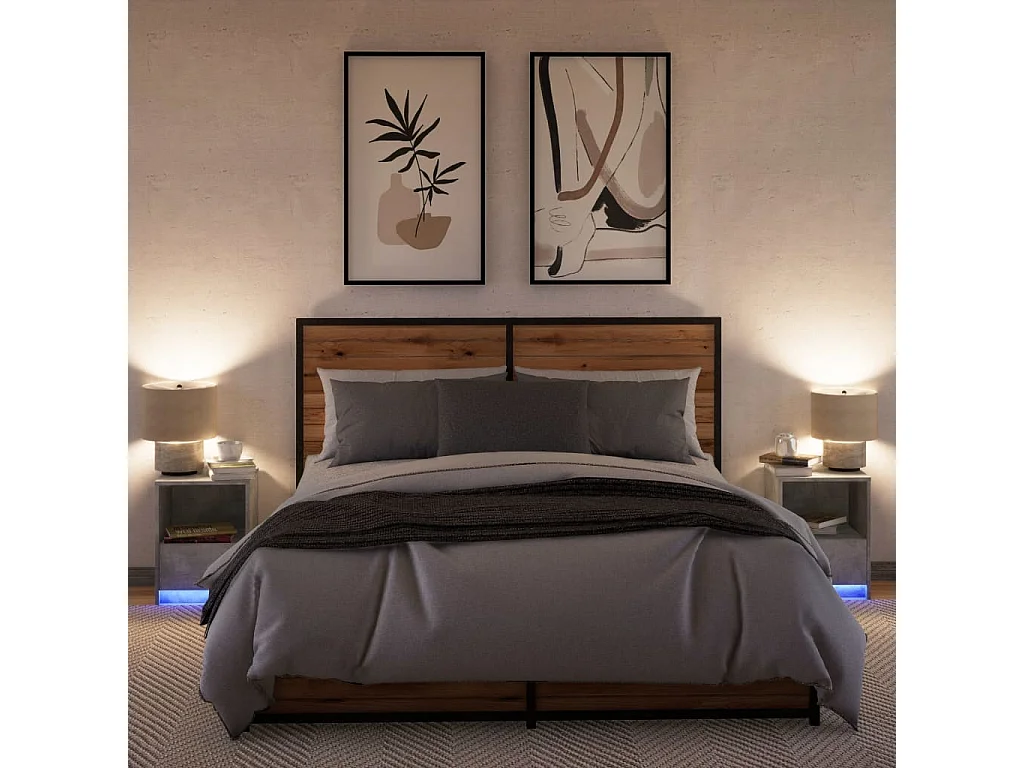 Armoires de chevet et lumières LED 2 pcs gris béton