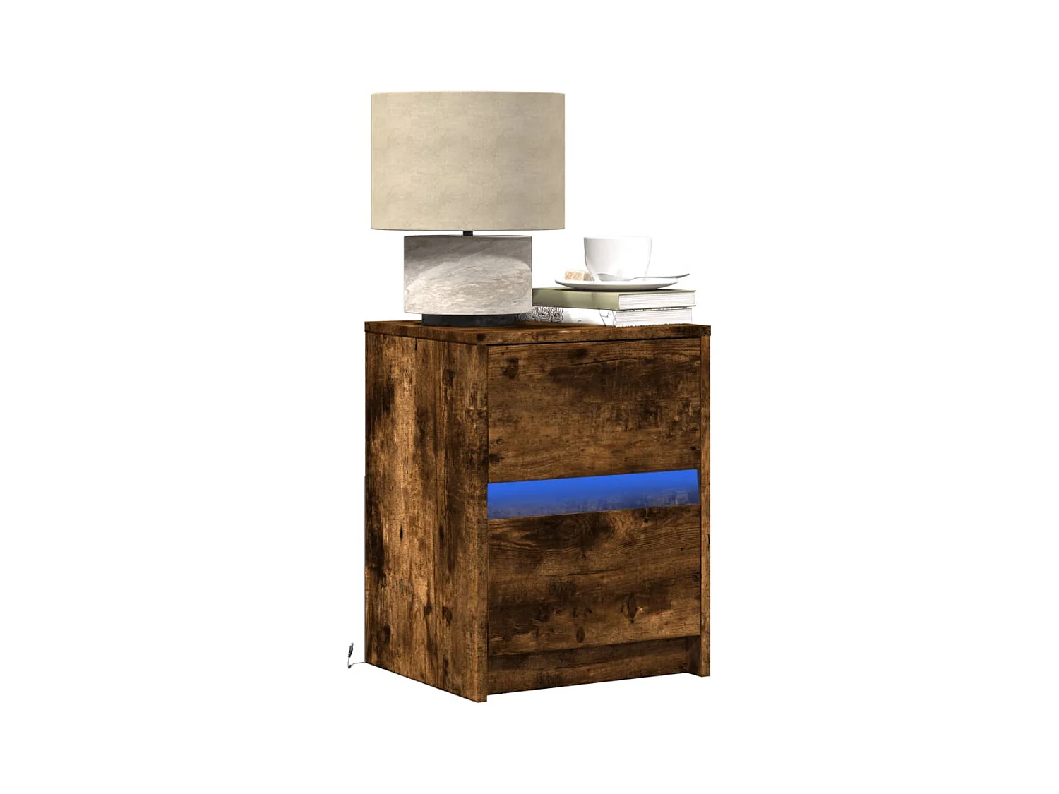 Armoire de chevet et lumières LED chêne fumé bois d'ingénierie