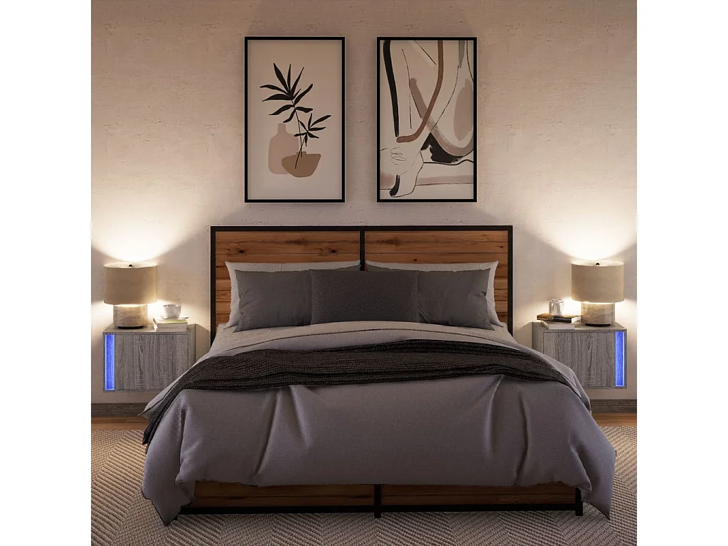 Tables de chevet murales avec lumières LED 2 pcs sonoma gris