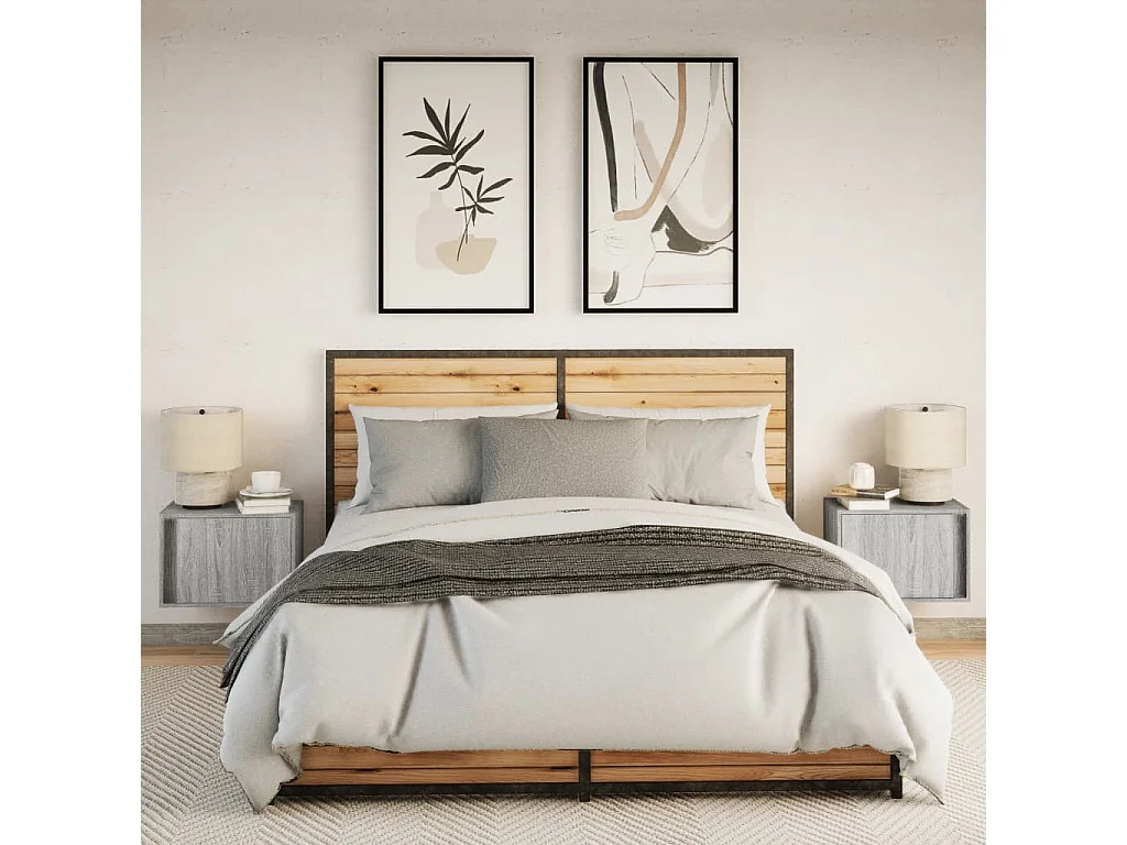 Comodini a Parete con luci LED 2 pz Grigio Sonoma