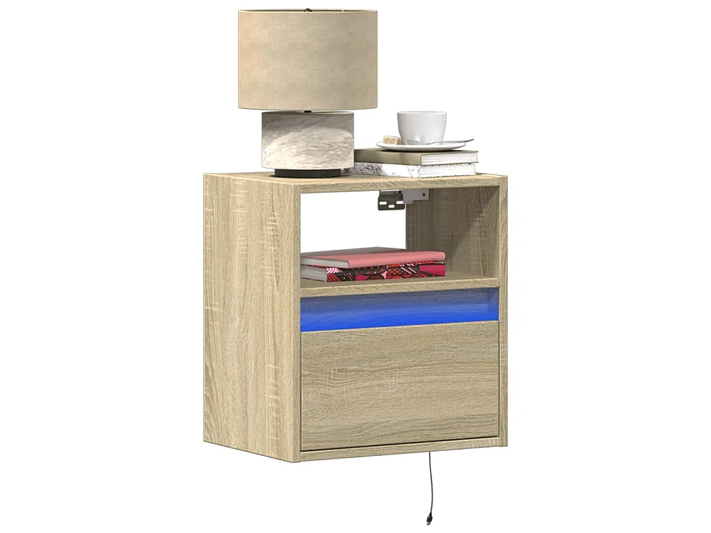 Comodino a Parete con luci LED Rovere Sonoma