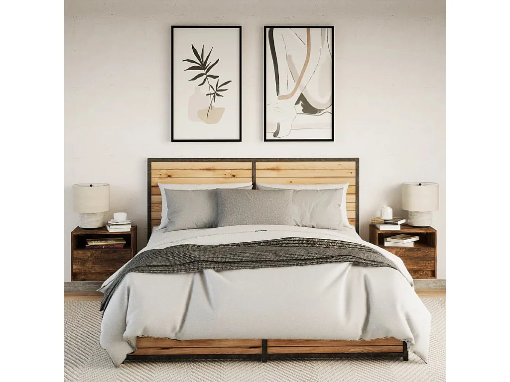 Tables de chevet murales avec lumières LED 2 pcs chêne fumé