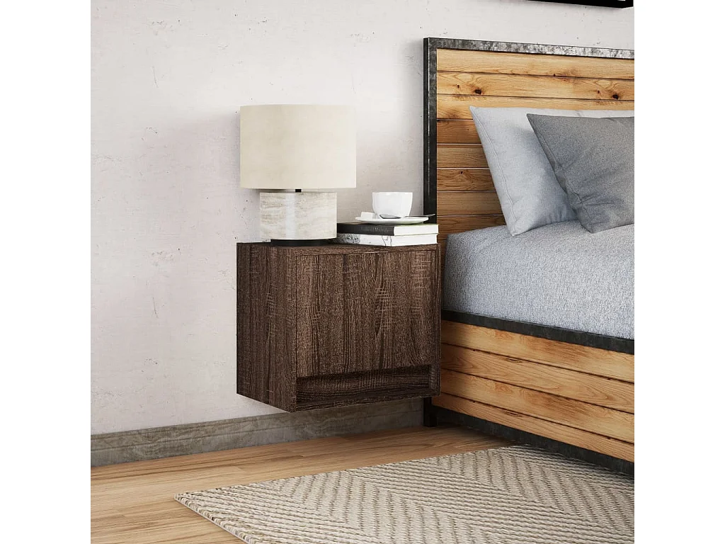 Table de chevet murale avec lumières LED chêne marron