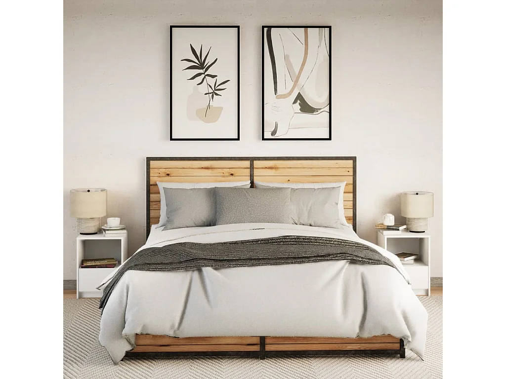 Armoires de chevet et lumières LED 2pcs blanc bois d'ingénierie