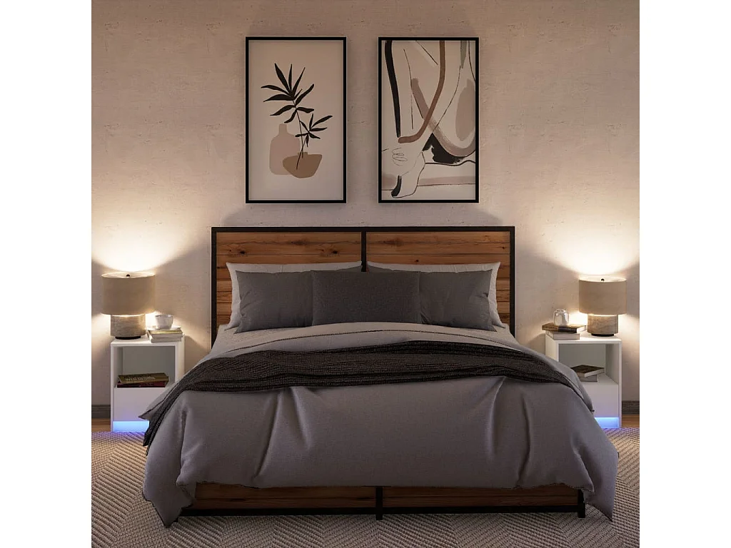 Armoires de chevet et lumières LED 2pcs blanc bois d'ingénierie