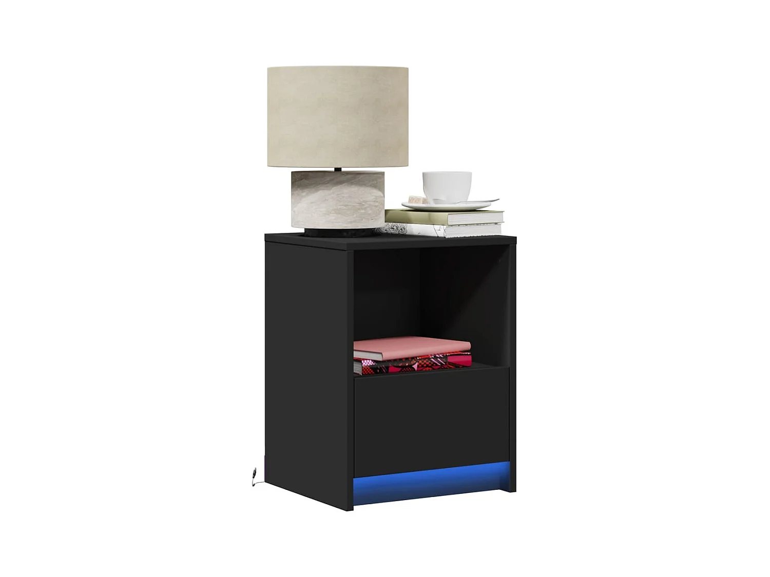 Armoires de chevet et lumières LED 2 pcs noir bois d'ingénierie