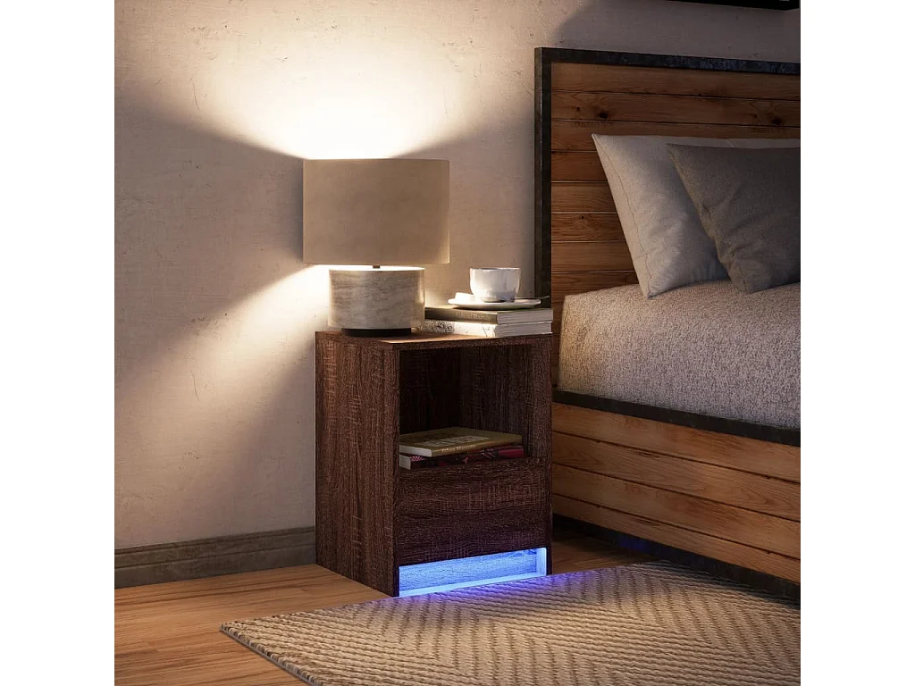 Armoire de chevet et lumières LED chêne marron bois ingénierie