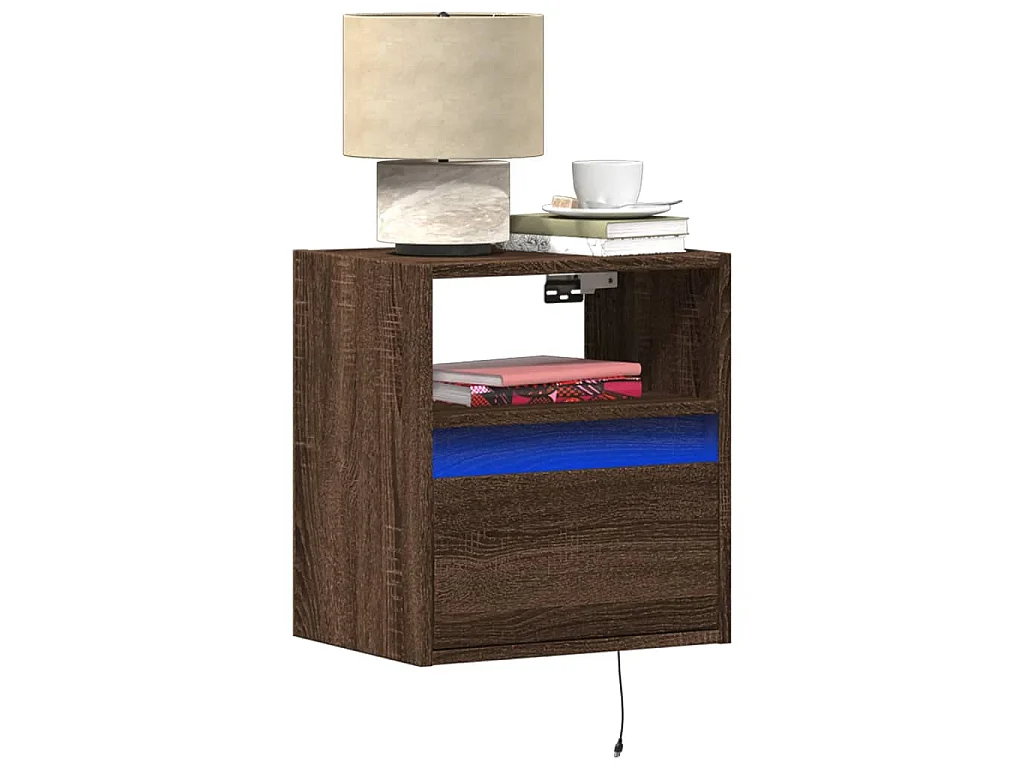 Comodino a Parete con luci LED Rovere Marrone