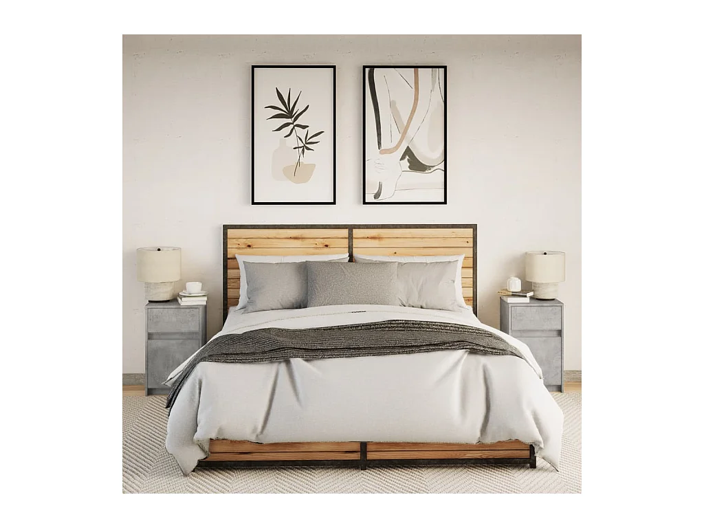 Armoires de chevet et lumières LED 2 pcs gris béton