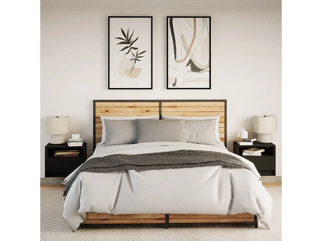 Mesas de cabeceira de parede com luzes LED 2 pcs preto