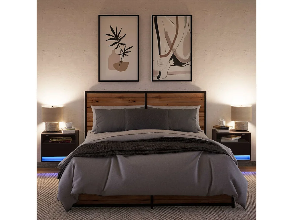 Mesas de cabeceira de parede com luzes LED 2 pcs preto