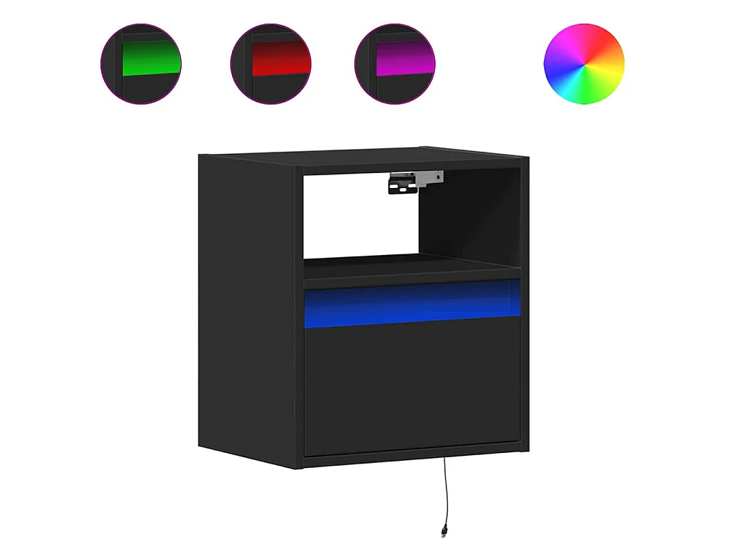 Tables de chevet murales avec lumières LED 2 pcs noir